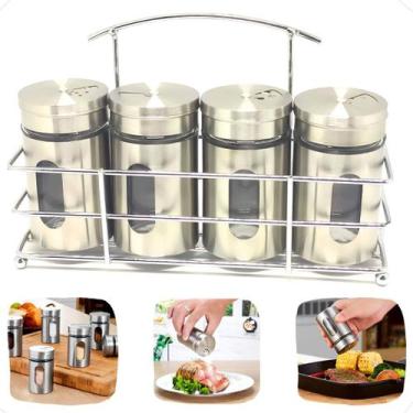 Imagem de Porta Condimento E Tempero Cozinha Visor Vidro Inox Suporte 5 Peças - 
