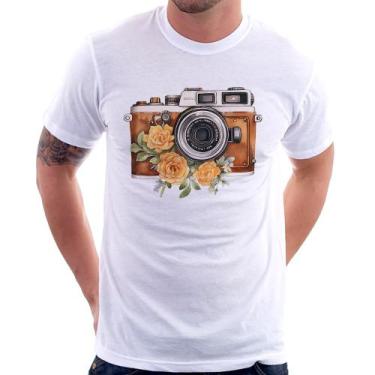 Imagem de Camiseta Máquina Fotográfica Vintage e Flores - Foca na Moda, Branco, 