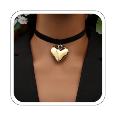 Imagem de YienDoo Colar gargantilha punk de veludo preto ouro/prata com pingente de coração grosso vintage preto hippie gótico preto veludo coração amor colar gargantilha joia para mulheres, Zinco, Sem Pedra
