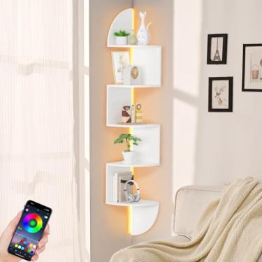 Imagem de Prateleira de canto, estante de 5 camadas com luz LED, prateleira de canto montada na parede, prateleiras flutuantes para parede, suporte de exibição para quarto, sala de estar, banheiro, casa