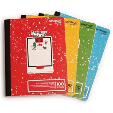 Imagem de UPGRADE NOTES Diário primário para notas K-2; caderno de composição pautado de meia página, 100 folhas de 24,8 cm x 19 cm; pacote com 4 de mármore azul, verde, amarelo e vermelho
