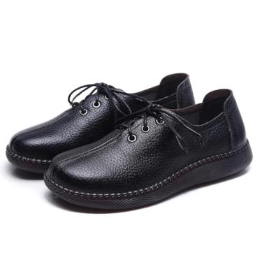 Imagem de Oxfords femininos de couro genuíno com cadarço, bico redondo clássico feito à mão com tendão de carne bovina sola macia vestido formal para dirigir, casual, confortável, antiderrapante, para mãe,