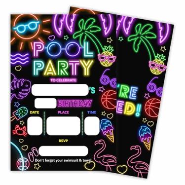 Imagem de Tabyon Cartões de convite de aniversário para festa na piscina - Praia tropical neon - 20 cartões de convite de aniversário de preenchimento dupla face com envelopes para meninos e meninas,