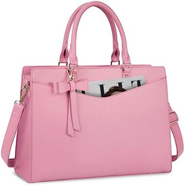 Imagem de Bolsa feminina RAINSMORE de poliuretano para laptop de 15,6 polegadas, bolsa de trabalho para escritório, impermeável, pasta para computador, bolsa de ombro leve, rosa