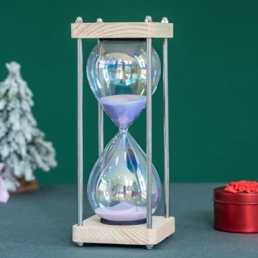 Imagem de Temporizador de areia de ampulheta grande de 60 minutos, vidro pastel macaron e base de madeira de carvalho natural, decoração de mesa de escritório minimalista moderna (roxo macaron)