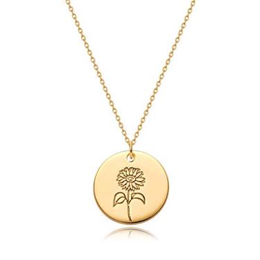 Imagem de MYEARS Colares femininos de moedas de ouro para o mês de nascimento, buquê de flor, pingente de medalha redonda gravado, floral, banhado a ouro 14 K, combinando, joias personalizadas, aniversário