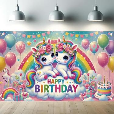 Imagem de Starlit Patio Faixa de fundo de aniversário de unicórnio arco-íris 188 x 109 cm