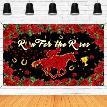 Imagem de Mocsicka Faixa Run for The Roses Kentucky Derby Banner Kentucky Horse Racing Decorações de festa para fotografia de aniversário fundo adereços de cabine de fotos (vermelho, 179,8 x 110 cm)