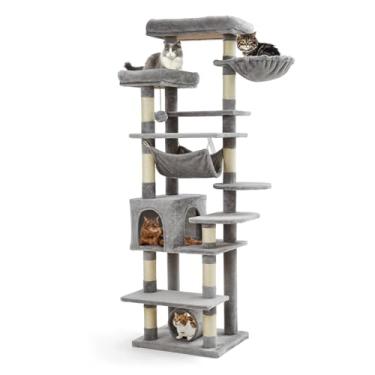 Imagem de HarmoHaby Árvore para gatos grandes, 167 cm, torre de vários níveis para gatos com postes para arranhar, condomínio, poleiros, rede, túnel e estação de alimentação, cinza claro