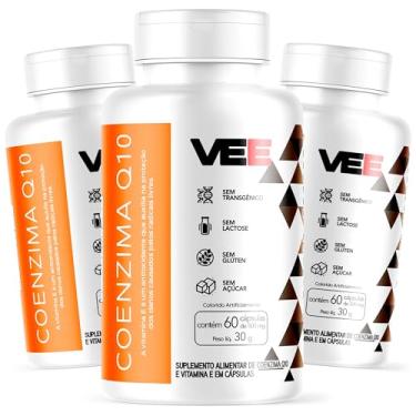 Imagem de Kit 3x Coenzima Q10 Coq10 Ubiquinona Pote 60 Cáps 200mg Ação Antioxidante Premium + Vitamina E Tocoferol 10mg Alta Concentração Importado Sem Sabor Rende 30 Doses Suplemento em Cápsulas - VEE