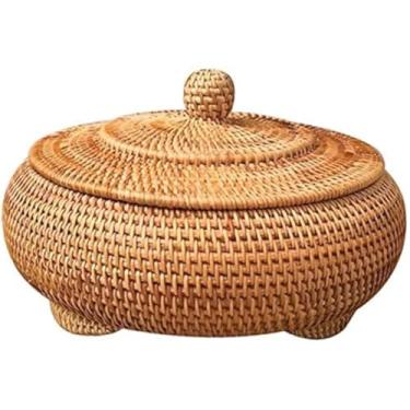Imagem de Cesta de armazenamento de vime com tampa, caixa redonda de vime com tampa, cesta de vime de 22 x 10 cm, cesta redonda tecida à mão, caixa decorativa de mesa para cozinha de casa e fazenda