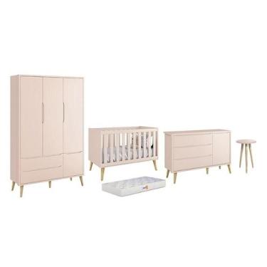 Imagem de Dormitório Theo 3 Portas, Mesa de Canto Rosa com Pés Madeira Natural e