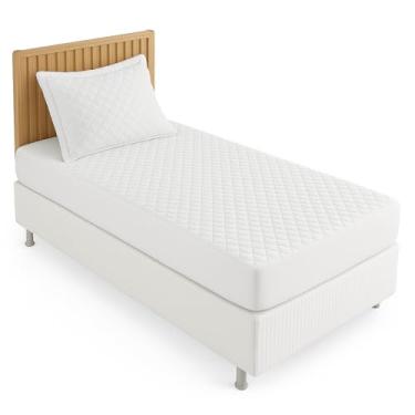 Imagem de Kit 1 Capa De Colchão Solteiro + 1 Capa Protetora de Travesseiro Fronha Impermeável E Antialérgica Cor Branco Matelassê Acabamento Premium Proteção Contra Ácaros E Líquidos E Não Faz Barulho