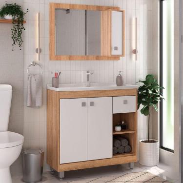 Imagem de Armário de Banheiro 80 Cm 3 Portas 1 Gaveta com Cuba Castanho/Branco 000118 - Ozini Móveis