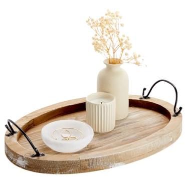Imagem de Farmlyn Creek Bandeja de servir de madeira com alças – Bandeja de madeira oval decorativa para mesa de café, sala de estar, decoração de casa de fazenda e decoração de mesa – 40 x 27 x 3 cm