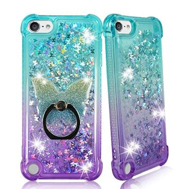 Imagem de ZASE Capa de design compatível com Apple iPod Touch 7ª, 6ª geração, glitter líquido, brilhante, à prova de choque, borboletas 3D flutuantes, areia movediça com suporte para anel de telefone (gradiente