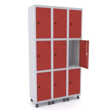 Imagem de Guarda Volume Roupeiro 9 Portas Aço Grp 503/9 Pandin Móveis Cinza/Vermelho