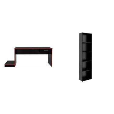 Imagem de Kit 2 Peças Com 1 Escrivaninha Gamer E 1 Estante Para Livros 5 Prateleiras Preto vermelho