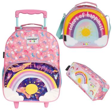 Imagem de Kit Mochila Rodinhas Arco íris Escolar Lancheira Estojo Infantil Dermiwil