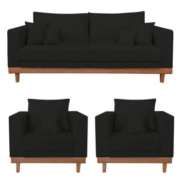 Imagem de Kit 2 Poltronas Living + Sofá 3 Lugares Base Madeira Suede Preto