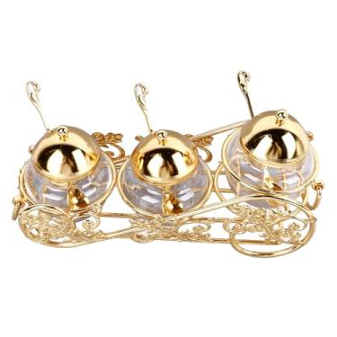 Imagem de Conjunto de 3 peças de pote de açúcar dourado estilo europeu com tampa, colher de vidro polido, pote de tempero, pote de condimentos para hotéis e restaurantes
