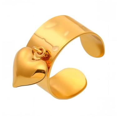 Imagem de Anéis femininos com pingente de coração minimalista, com pingente de coração, cúpula grossa, alianças abertas, alianças de casamento empilháveis, joias delicadas, Adjustable, Aço inoxidável, Sem pedra