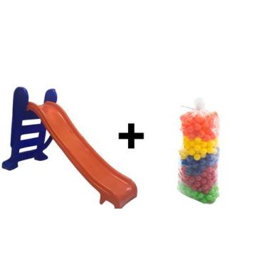 Imagem de Kit Escorregador Médio Infantil PlayGround Laranja c/ Azul e 75 Bolinh