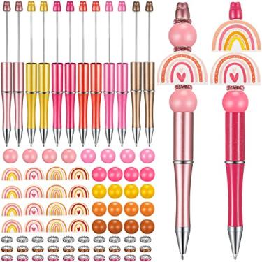 Imagem de Conjunto de 12 canetas de plástico com contas sortidas, miçangas de madeira, conjunto de miçangas espaçadoras de cristal, contas redondas de tinta preta, caneta esferográfica faça você mesmo, conjunto de canetas de miçangas para mulheres, crianças, presentes escolares e materiais de escritório (arco