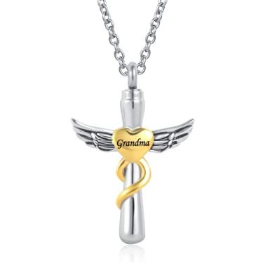 Imagem de QeenseKc Colar de urna de cremação com asa de anjo da guarda para cinzas e coração com pingente de lembrança de amor, Metal, Base