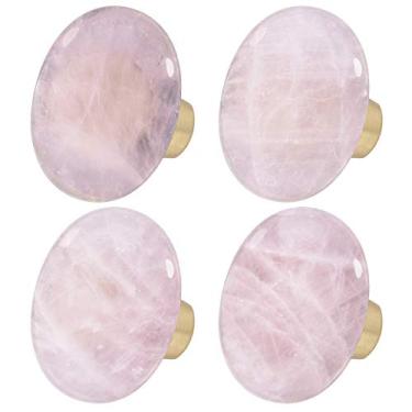 Imagem de rockcloud Gaveta de puxador de pedra de cristal de quartzo rosa natural com parafusos, puxador oval de pedra preciosa áspera para armário de cômoda, acessórios para decoração de móveis, 4 peças