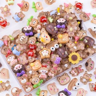 Imagem de 100 peças de amuletos de geleca marrom sortidos, enfeites aleatórios de resina plana a granel urso coelho kawaii acessórios para capa de telefone lixo, grampos de cabelo, artesanato de scrapbook e