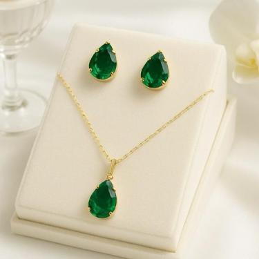 Imagem de Conjunto de colar e brinco gota folheado várias cores - NoBrand, Verde