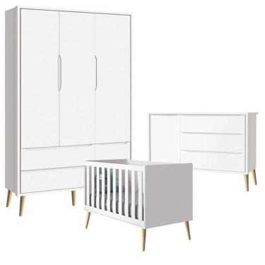 Imagem de Quarto De Bebê Theo 3 Portas Com Cômoda Branco Acetinado Pés Madeira Natural - Reller
