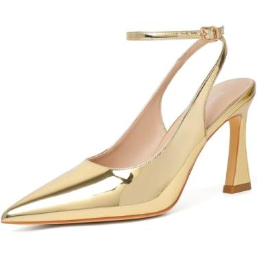 Imagem de Susanny Slingback bico fechado tira no tornozelo salto alto bico fino vestido confortável stiletto sexy fivela tiras sapatos elegantes para casamento festa nupcial trabalho, Dourado, 36