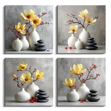 Imagem de NAN Wind 4 peças de arte de parede em tela de flor de magnólia flores amarelas frutas vermelhas em vasos de cerâmica branca pedras zen minimalistas imagens de natureza morta para sala de estar quarto