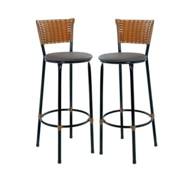 Imagem de Kit 2 Banquetas Cadeiras Altas Bistrô Encosto em Junco Imbuia Para Bancadas, Cozinhas e Áreas externas (MARROM)