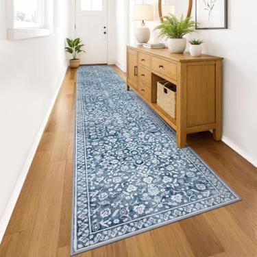 Imagem de SILOLOOM Tapetes de corredor vintage para corredor 7,5 x 40,6 cm, azul e branco, lavável, tapete antiderrapante, tapete de corredor de cozinha super macio, estampa floral de lã sintética, tapete fino