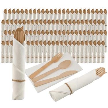 Imagem de Conjunto de guardanapos e talheres de bambu pré-enrolados - pacote com
