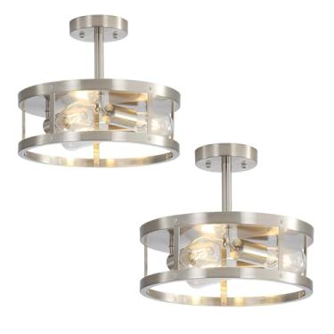 Imagem de 2 unidades perto de luzes de teto, luminária de teto de níquel escovado, montagem seminivelada, gaiola de metal ajustável de 33 cm, luzes de teto internas para cozinha, corredor, quarto, lavanderia