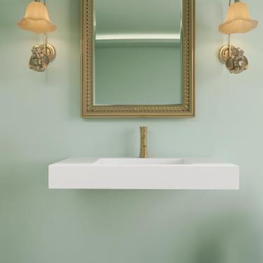 Imagem de HIGEINE Pia de banheiro de superfície sólida de resina de pedra premium de 88 x 48 cm - pia de vaso montada na parede ou bancada, design branco fosco retangular de furo único atualizado, bacia moderna