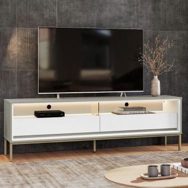 Imagem de Rack para TV Até 65 Polegadas Fusion 2 Gavetas com Led Off White/Banco Acetinado - Olivar Móveis