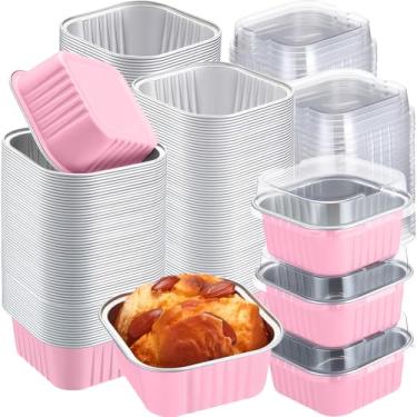 Imagem de Gandeer Pacote com 200 copos quadrados de 142 g com tampas, mini formas de bolo de alumínio com tampas, latas de ramequins descartáveis, recipientes de sobremesa, formas de cupcake para suflê, casa