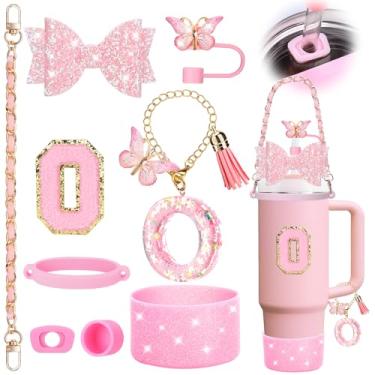 Imagem de Mity rain Conjunto de acessórios de copo rosa de 9 peças para copo Stanley Cup 850 g 1,134 g com alça - Inclui alça, decoração de arco de palha, topo de palha, bota, tampas à prova de derramamento,
