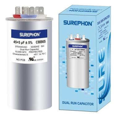Imagem de Capacitor SUREPHON 45+5uF 370V ou 440V para motor de ventilador de uni