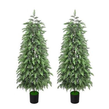 Imagem de Árvore de Natal artificial de 1,8 m para ambientes internos com vaso, decoração de Natal de cipreste Norfolk, árvore artificial em vaso realista para decoração de Natal, varanda, jardim, feriado