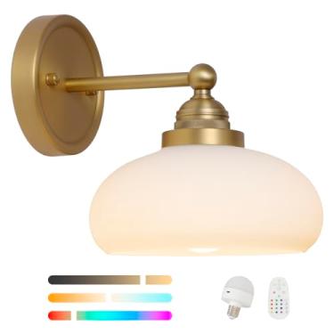 Imagem de HEQIQEH Arandela de parede LED de bateria de latão antigo vintage com persiana de vidro oval opala, controle remoto com temporizador, instalação sem fio, ideal para quarto e entrada
