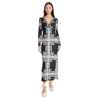 Imagem de The Good Journey Vestidos femininos de manga comprida e gola V floral maxi pull on Wedding Guest Dresses, Preto/bege, 44