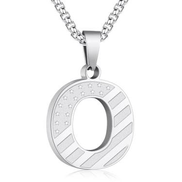 Imagem de Zocomi Colar com pingente de inicial da bandeira americana para homens e meninos, corrente de aço inoxidável 316L A-Z caixa de letras 50 + 5 cm joias presentes, Aço inoxidável, Sem Pedra Preciosa