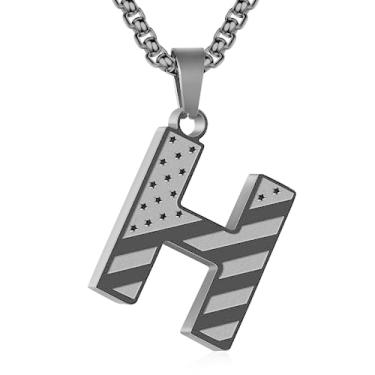 Imagem de Zocomi Colar com pingente de inicial da bandeira americana para homens e meninos, corrente de aço inoxidável 316L A-Z caixa de letras 50 + 5 cm joias presentes, Aço inoxidável, Sem Pedra Preciosa