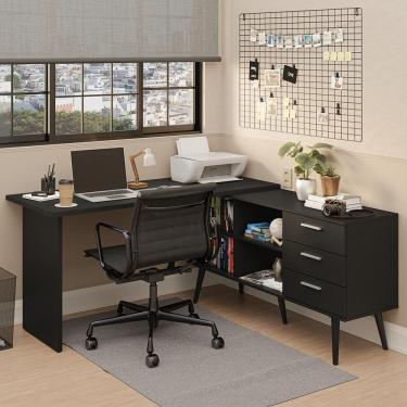 Imagem de Escrivaninha Mesa De Escritório De Canto 3 Gavetas Preto Lisboa Madesa